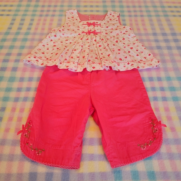 CARTER'S ♡ 2pc Coral 'n White Mini Floral|Bow Top 'n Embroidered Pants Outfit 3M - Picture 3 of 15